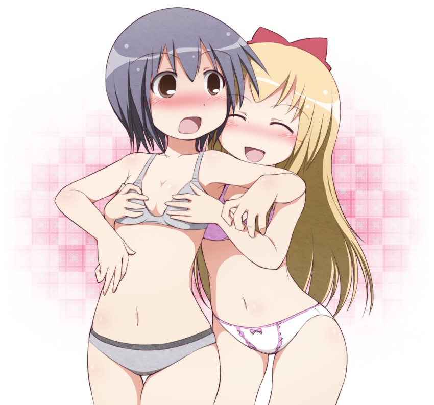2girls, blonde_hair, blush, bow, bow_panties, bra, breasts, brown_eyes, cleavage, closed_eyes, earth_ekami, funami_yui, grabbing_another's_breast, groping, multiple_girls, navel, open_mouth, panties, purple_hair, small_breasts, toshinou_kyouko, underwear, underwear_only, yuri, yuruyuri