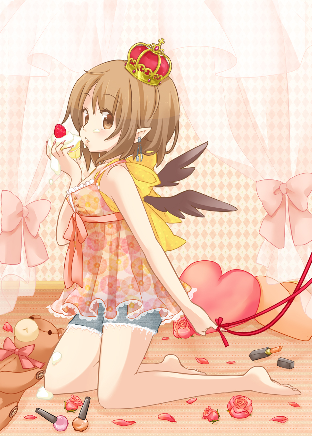 1girl, alternate_costume, alternate_eye_color, alternate_hair_color, alternate_headwear, barefoot, bird_wings, bow
