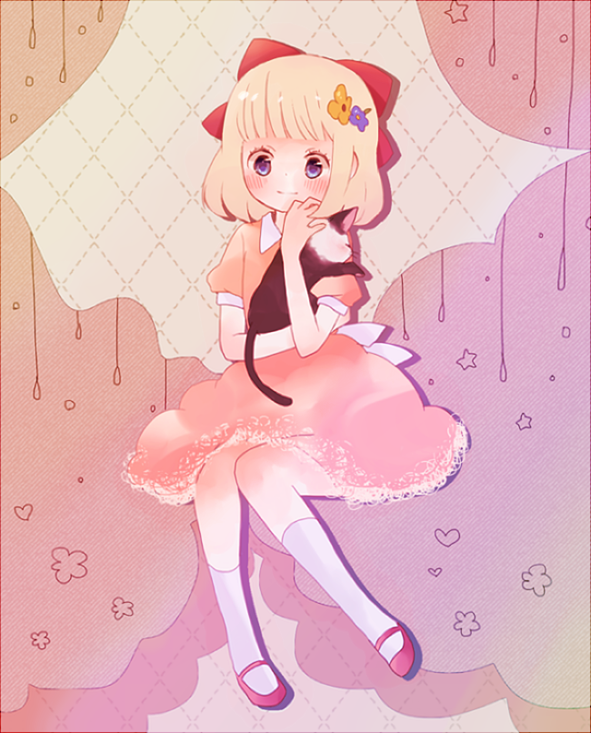 1girl, blonde_hair, blue_eyes, cat, female_focus, hair_ornament, hug, kohori, mary_janes, mother_(series), mother_2, nintendo, paula_(mother_2), red_shoes, ribbon, shoes, smile, socks, solo