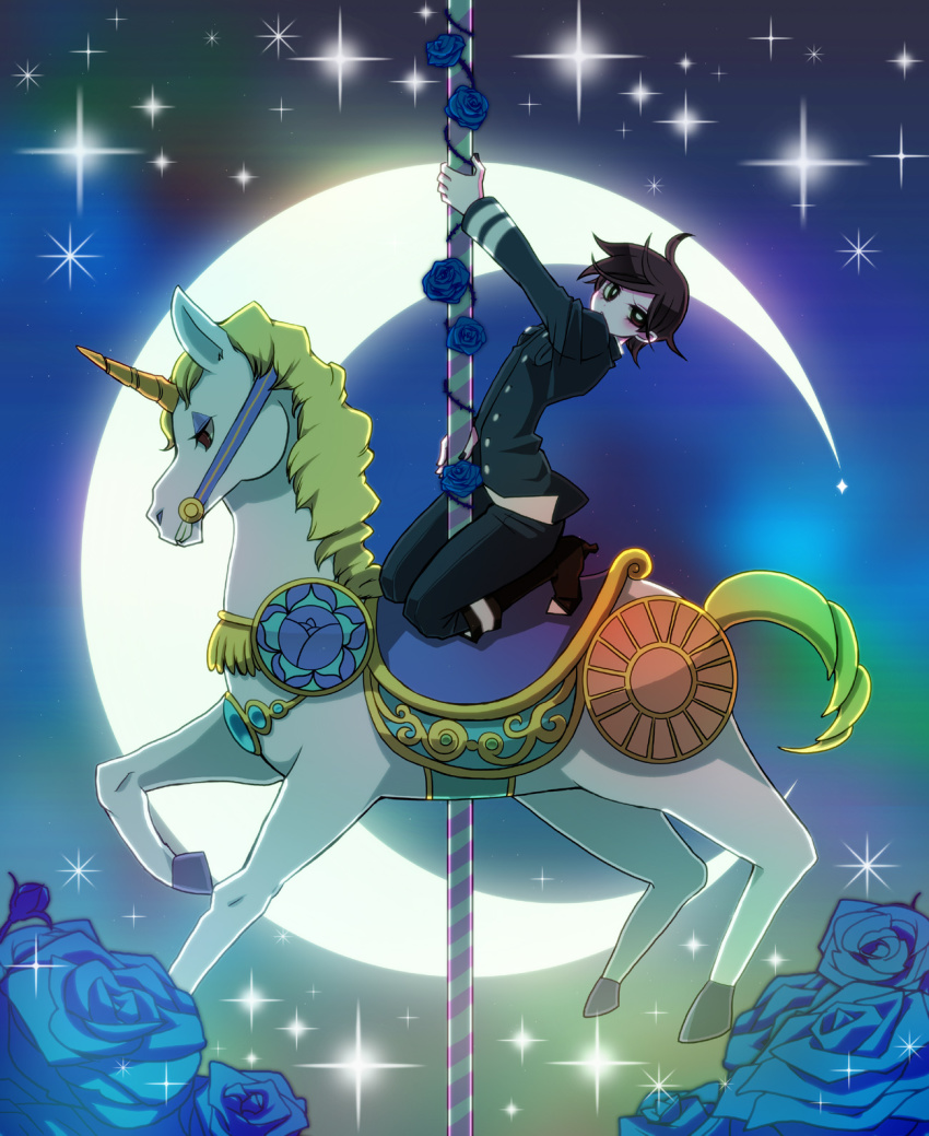 1boy, androgynous, bemani, black_hair, blue_flower, blue_rose, crescent_moon, fabulous