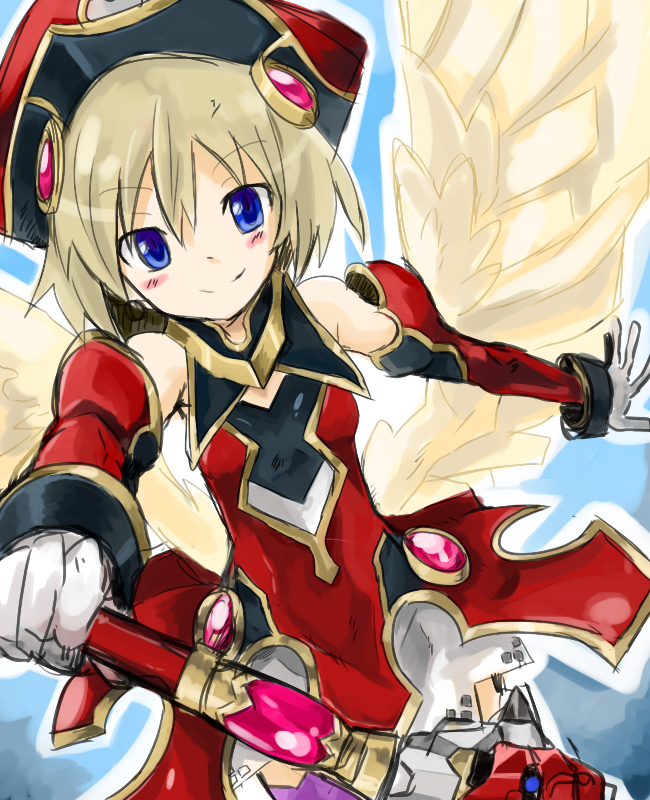 1girl, bare_shoulders, blonde_hair, blue_eyes, blush, detached_sleeves, female_focus, gloves