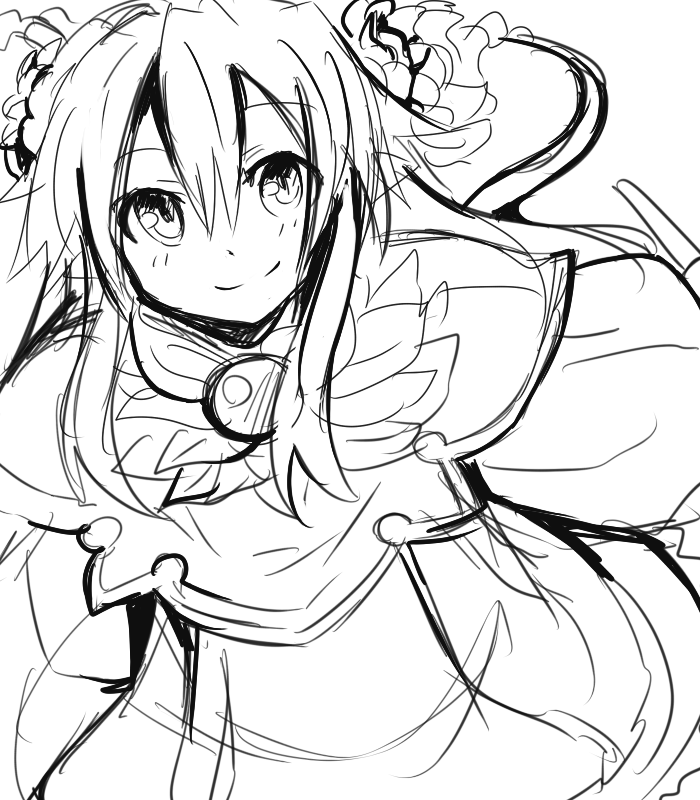 1girl, female_focus, greyscale, hanahime_kaguya, monochrome, shinrabanshou, simple_background, sketch, smile, solo, white_background, yoshizawa_tsubaki