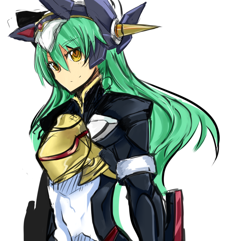 1girl, female_focus, green_hair, long_hair, marion_(shinrabanshou), shinrabanshou, shizuku_(shinrabanshou), simple_background, smile, solo, white_background, yellow_eyes, yoshizawa_tsubaki