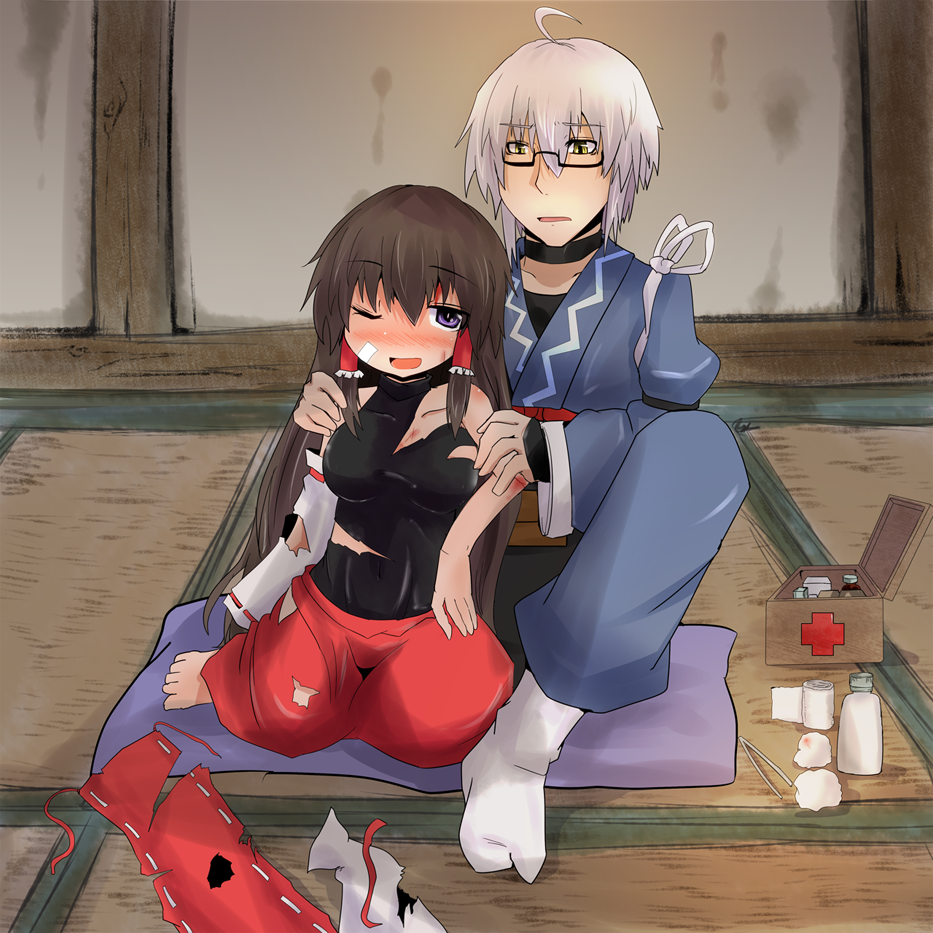 1boy, 1girl, ahoge, alternate_eye_color, barefoot, black_hair, blush, box, breasts, bruise, choker, cross, cuts, detached_sleeves, full-face_blush, glasses, hair_tubes, hand_on_shoulder, injury, japanese_clothes, kimono, leaning_on_person, leotard, long_hair, m.u.g.e.n, medicine, medicine_bottle, morichika_rinnosuke, nontraditional_miko, one_eye_closed, original, partially_undressed, purple_eyes, red_cross, semi-rimless_eyewear, sendai_hakurei_no_miko, sendai_hakurei_no_miko_(m.u.g.e.n), shishamoji, short_hair, silver_hair, socks, tatami, torn_clothes, torn_leotard, torn_sleeves, touhou, under-rim_eyewear, very_long_hair, wink