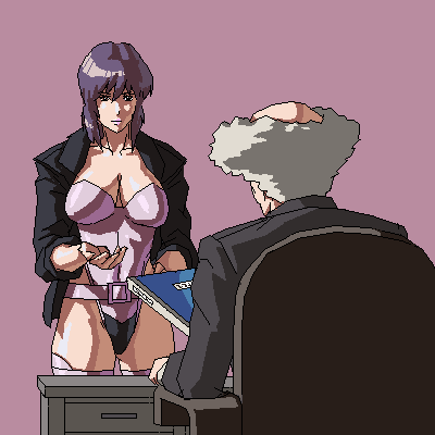 1boy, 1girl, aramaki_daisuke, artist_request, bald, breasts, commentary, ghost_in_the_shell