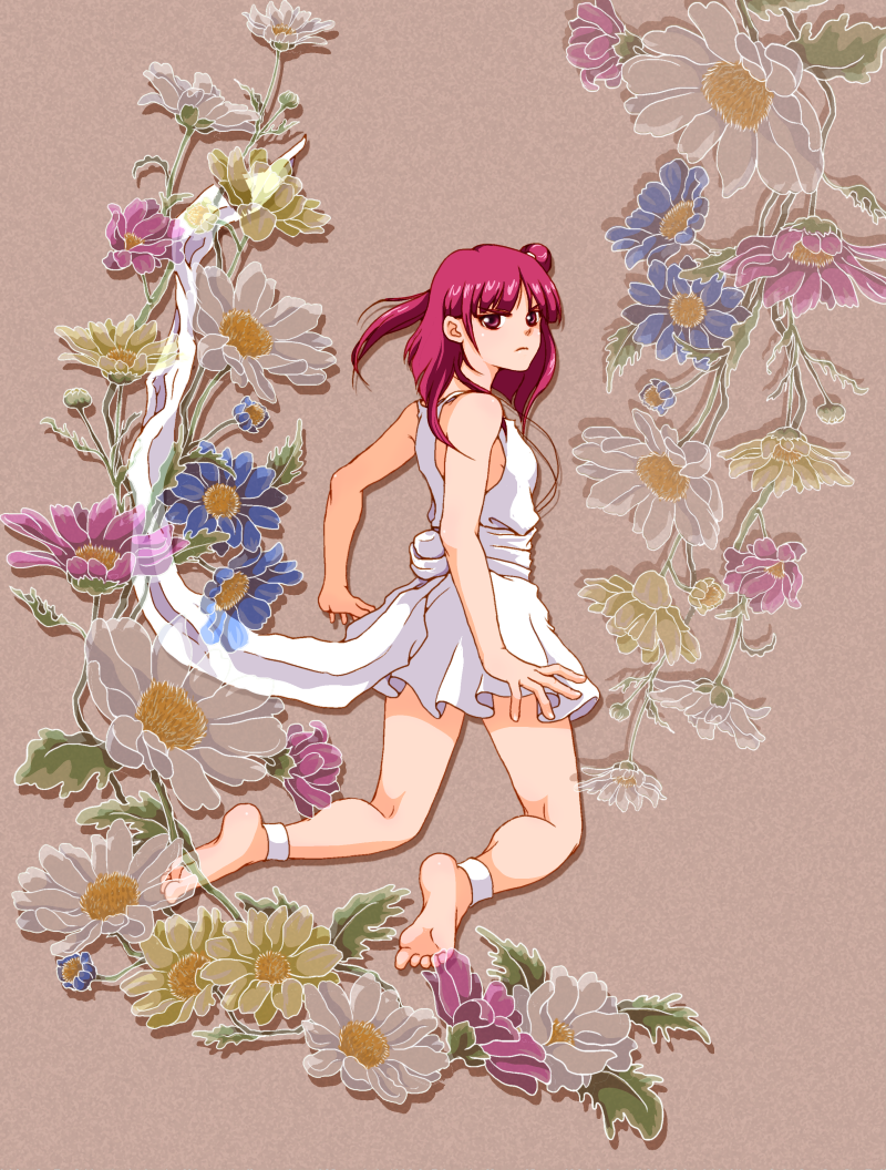 1girl, ankleband, anklet, barefoot, breasts, dress, feet, female_focus, flower, inu_(sa-hara), jewelry, kneeling, looking_back, magi_the_labyrinth_of_magic, morgiana, red_eyes, red_hair, sideboob, small_breasts, soles, solo, white_dress