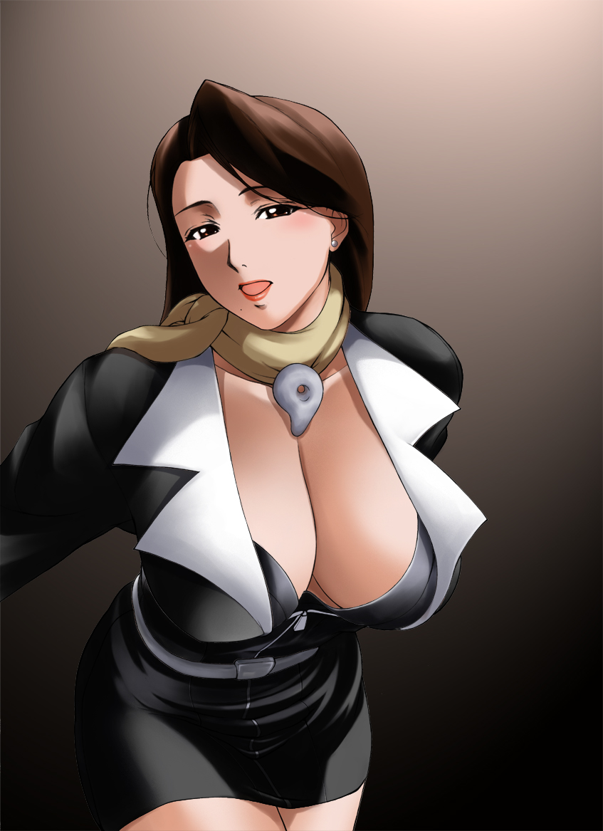 1girl, ace_attorney, arisawa_masaharu, belt, bra, breasts, brown_hair, business_suit, capcom, cleavage, collarbone, earrings, female_focus, formal_clothes, huge_breasts, jewelry, legs, lipstick, long_hair, looking_at_viewer, magatama, makeup, mia_fey, mole, open_mouth, red_eyes, scarf, simple_background, skirt, smile, solo, standing, suit, thighs, underwear