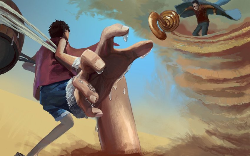 2boys, alabasta, amputee, ascot, barrel, crocodile_(one_piece), fighting, jacket_on_shoulder, male_focus, monkey_d._luffy, multiple_boys, one_piece, pirate_costume, red_vest, rubber, sand, shorts, stretching, vest, water