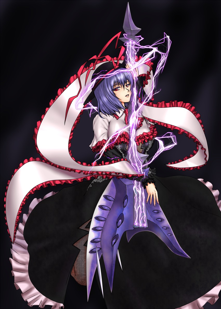 1girl, adapted_costume, ascot, between_breasts, black_background, black_skirt, blue_hair, breasts, capcom, capelet, colored_eyelashes, crossover, devil_may_cry_(series), dress, electric_guitar, electricity, eyelashes, female_focus, frilled_skirt, frills, guitar, hat, hat_ribbon, highres, instrument, large_breasts, lightning, looking_at_viewer, nagae_iku, nelo, nelo_anjuurou, nevan_(weapon), parody, parted_lips, red_eyes, ribbon, scarf, shawl, short_hair, side_slit, skirt, solo, touhou