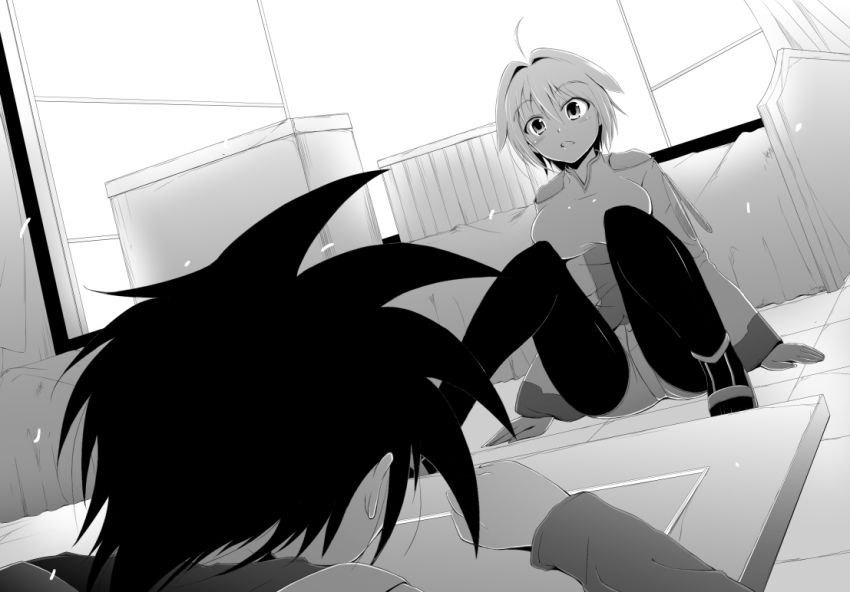 blush, greyscale, monochrome, original, pantyhose, real_heaven_emissary, short_hair, sitting