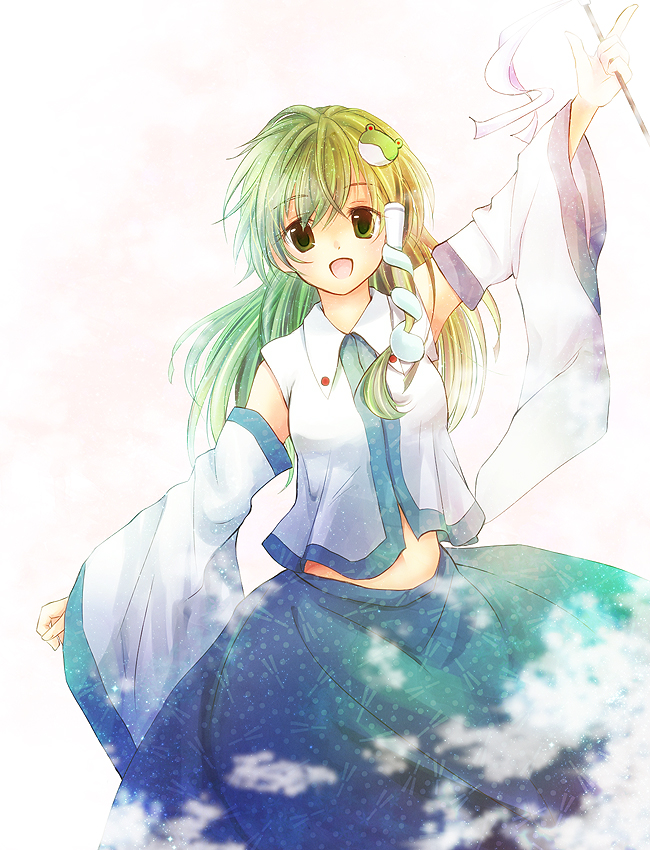 1girl, arm_up, blush, breasts, detached_sleeves, female_focus, frog_hair_ornament, gohei