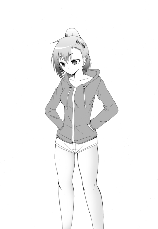 1girl, female_focus, greyscale, hands_in_pockets, monochrome, original, short_hair, simple_background