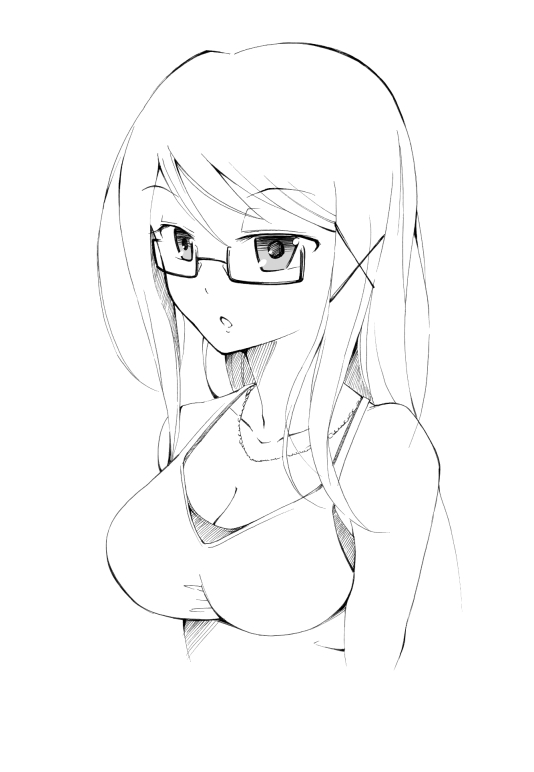 1girl, breasts, cleavage, female_focus, glasses, greyscale, long_hair, monochrome