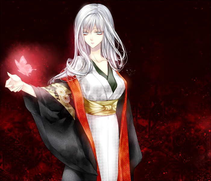 1girl, blue_eyes, breasts, bug, butterfly, fatal_frame, fatal_frame_ii:_crimson_butterfly, female_focus, insect, japanese_clothes, kimono, kureha_(fatal_frame_ii), long_hair, obi, sash, solo, white_hair, yusa_tk74