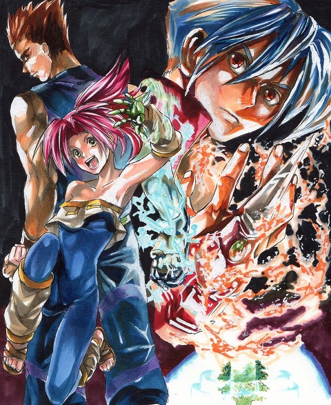 2girls, 3boys, blade, blue_hair, brown_hair, feet, fire, flat_chest, gala, game_console, genesis_tree, green_eyes, legaia_densetsu, meta_(legaia_densetsu), multiple_boys, multiple_girls, noa_(legaia_densetsu), pink_hair, ra-seru, red_eyes, sandals, seru, smile, terra_(legaia_densetsu), toes, vahn, wings