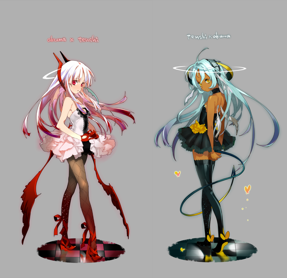 2girls, aqua_hair, bare_shoulders, black_legwear, checkered_floor, choker, cross-laced_footwear, dark-skinned_female, dark_skin, demon_tail, dress, faux_figurine, flat_chest, floor, gloves, grey_background, head_wings, horns, ie, ie_(mochi), long_hair, low_wings, multicolored_hair, multiple_girls, original, pantyhose, red_eyes, red_gloves, short_dress, simple_background, tail, thighhighs, wings, yellow_eyes