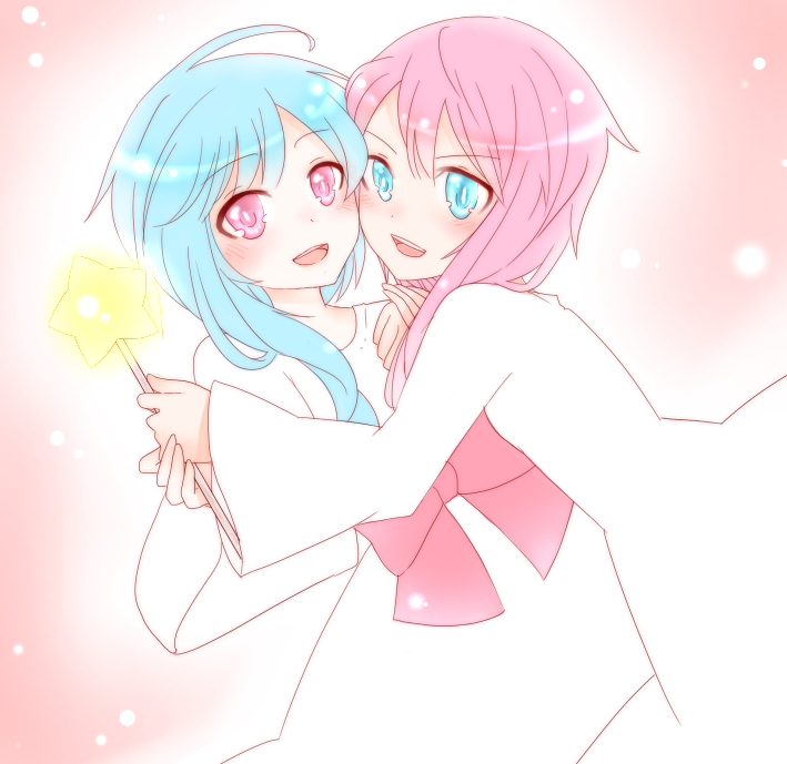 10s, 2girls, :d, alternate_costume, bad_id, bad_pixiv_id, blue_eyes, blue_hair