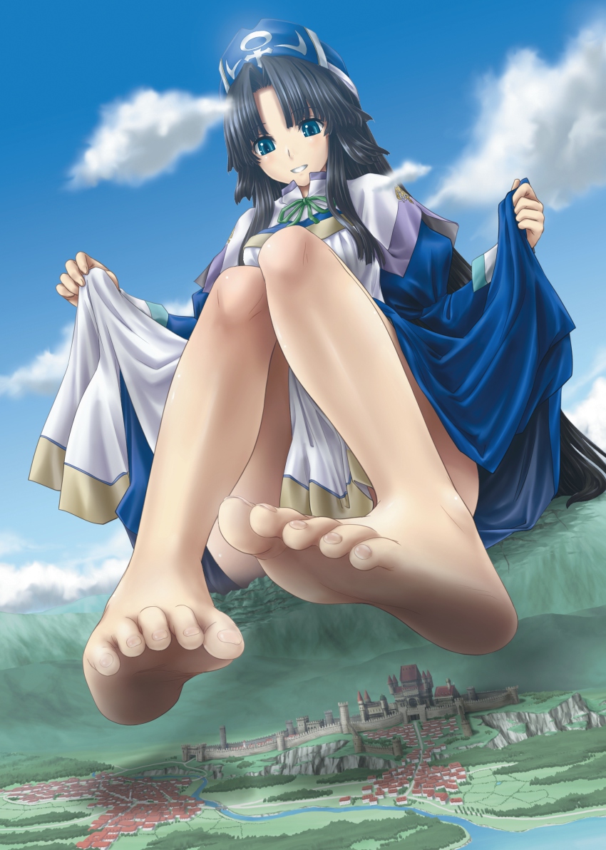 1girl, absurdres, barefoot, black_hair, blue_eyes, castle, clothes_lift, cloud, day, eichikei_(hakuto), eliza_(yunzo), feet, female_focus, giant, giantess, highres, huge_giantess, long_hair, original, skirt, skirt_lift, sky, soles, solo, toes