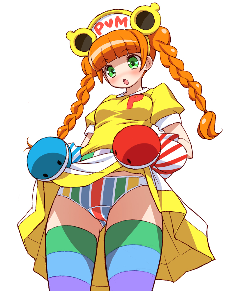 1girl, apron, bemani, blush, braid, breasts, clothes_lift, copyright_name, dress, dress_lift, female_focus, green_eyes, hand_puppet, headdress, hime_cut, long_hair, looking_down, nonet_(pop'n_music), open_mouth, orange_hair, panties, pop'n_music, puppet, simple_background, skirt, skirt_lift, solo, standing, striped_clothes, striped_panties, striped_thighhighs, thighhighs, twin_braids, umi_no_tarako, underwear, upskirt, white_background