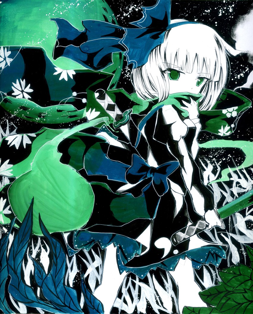 1girl, absurdres, acrylic_paint_(medium), back, blush, female_focus, green_theme, hair_ribbon