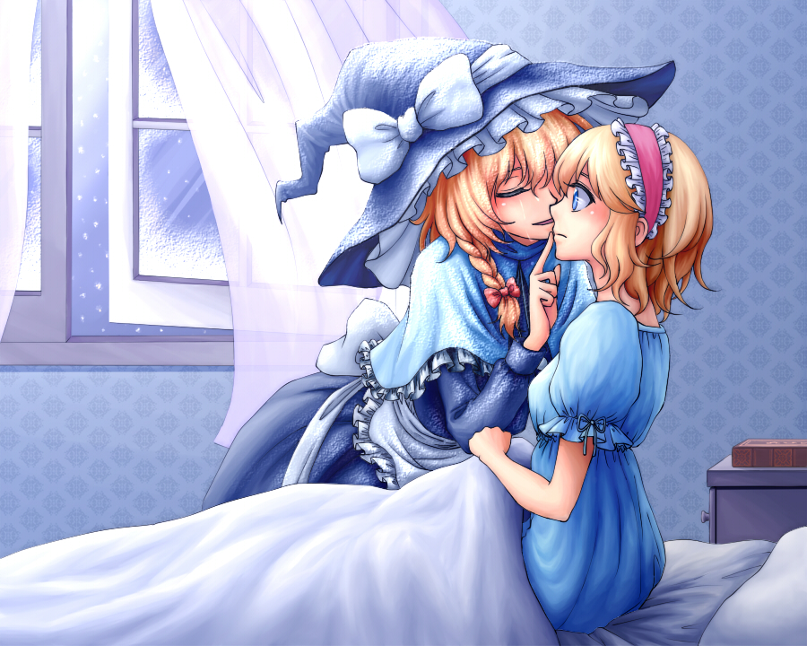 2girls, alice_margatroid, apron, blonde_hair, blue_eyes, book, braid, closed_eyes