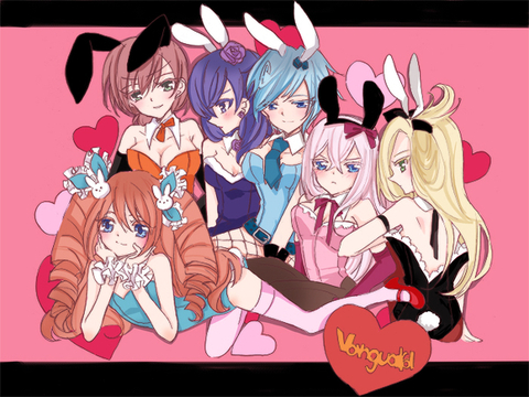 10s, 6+girls, animal_ears, belt, blonde_hair, blue_eyes, blue_hair, blush