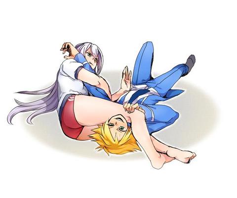 10s, 1girl, armbar, blonde_hair, buruma, cardfight!!_vanguard, green_eyes, gym_shorts