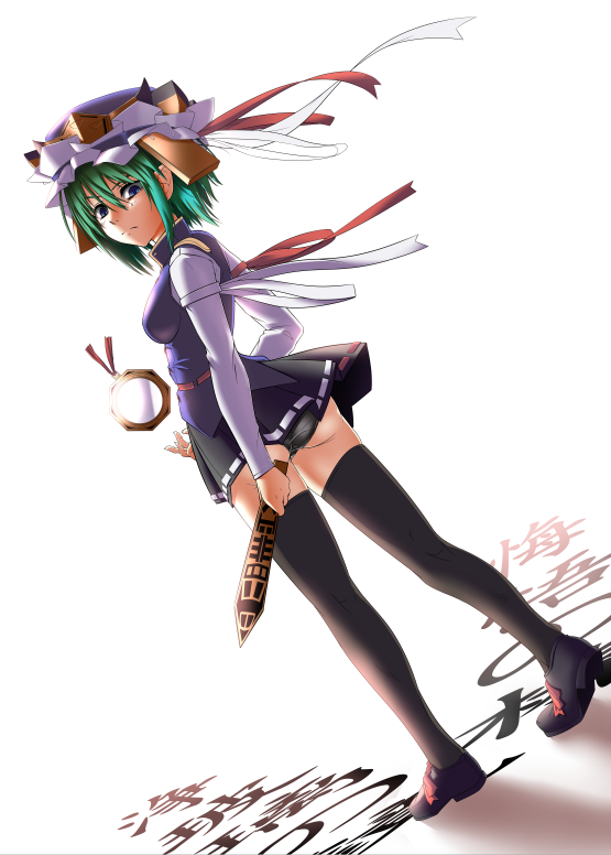 1girl, ass, black_panties, black_thighhighs, blue_eyes, cleansed_crystal_mirror, female_focus, green_hair