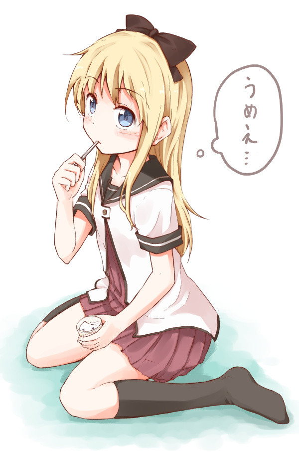 1girl, black_socks, blonde_hair, blue_eyes, blush, bow, eating, female_focus