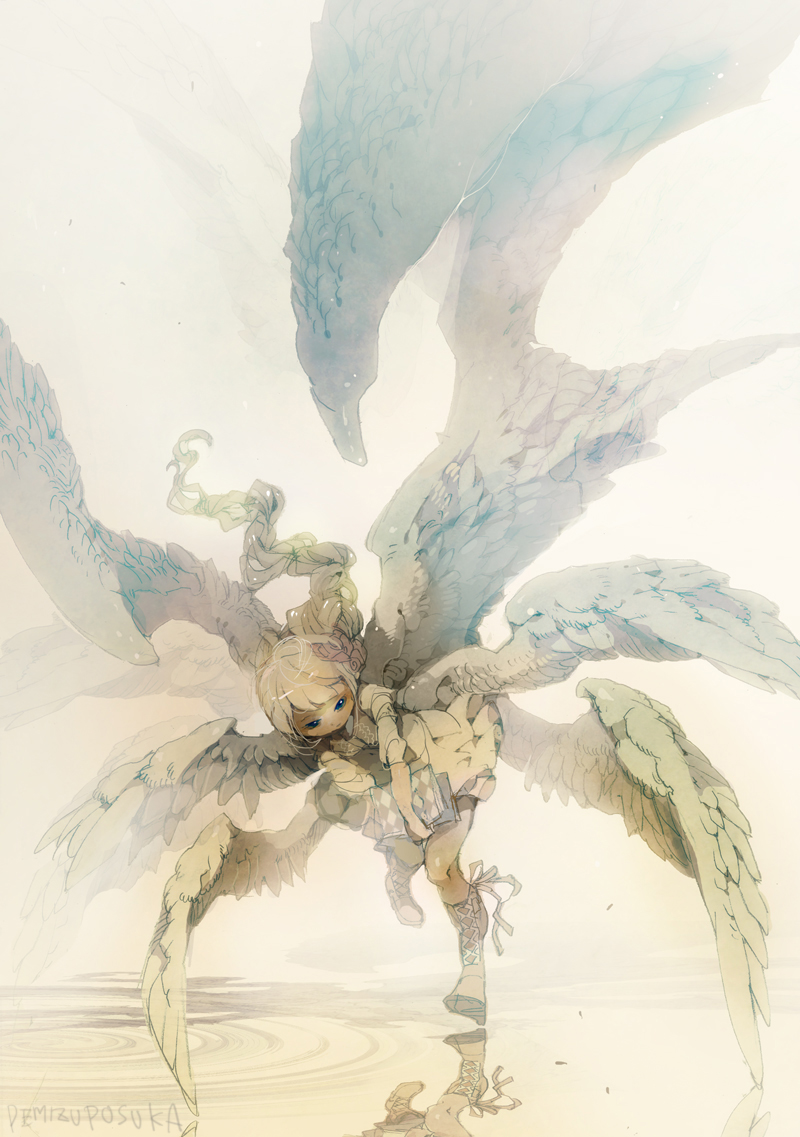 1girl, angel, book, demizu_posuka, female_focus, multiple_wings, original, pone