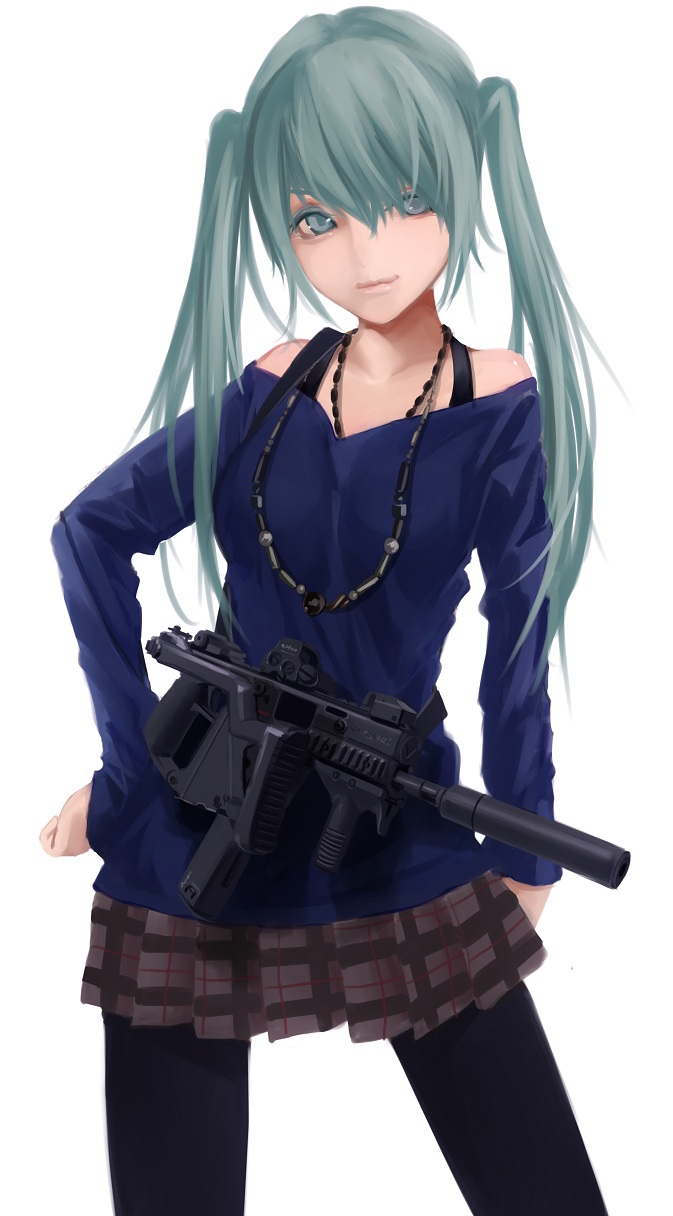 1girl, contrapposto, female_focus, green_eyes, green_hair, gun, hand_on_own_hip, hatsune_miku, highres, jewelry, koh_(minagi_kou), kriss_super_v, matching_hair/eyes, necklace, pantyhose, simple_background, skirt, solo, standing, submachine_gun, suppressor, twintails, vertical_forward_grip, vocaloid, weapon, white_background