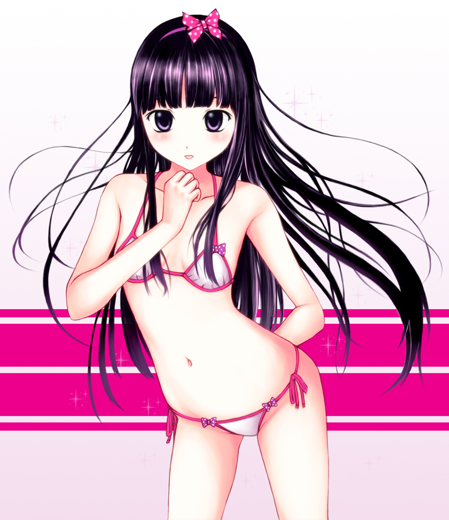 1girl, bikini, black_hair, blush, breasts, female_focus, flat_chest, hairband