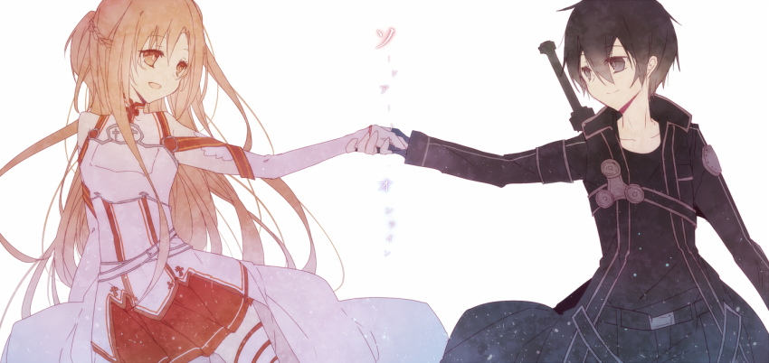 10s, 1boy, 1girl, asuna_(sao), bad_id, bad_pixiv_id, black_eyes, black_hair