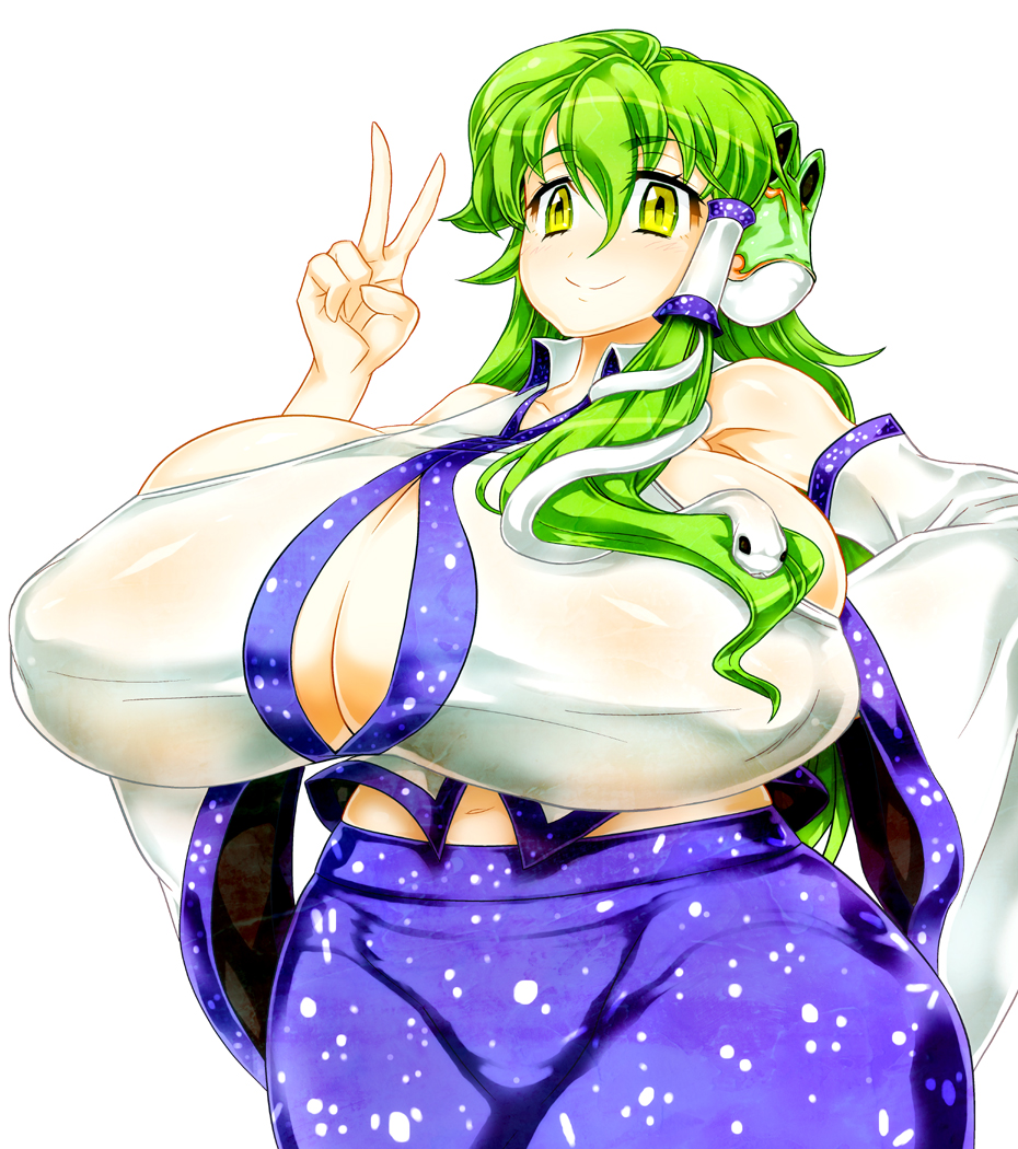 1girl, bare_shoulders, breasts, bursting_breasts, female_focus, gigantic_breasts, green_hair, kochiya_sanae