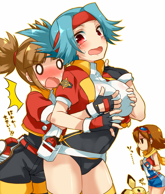 00s, 0_0, 3girls, belt, blue_hair, blush, body_blush, breast_envy