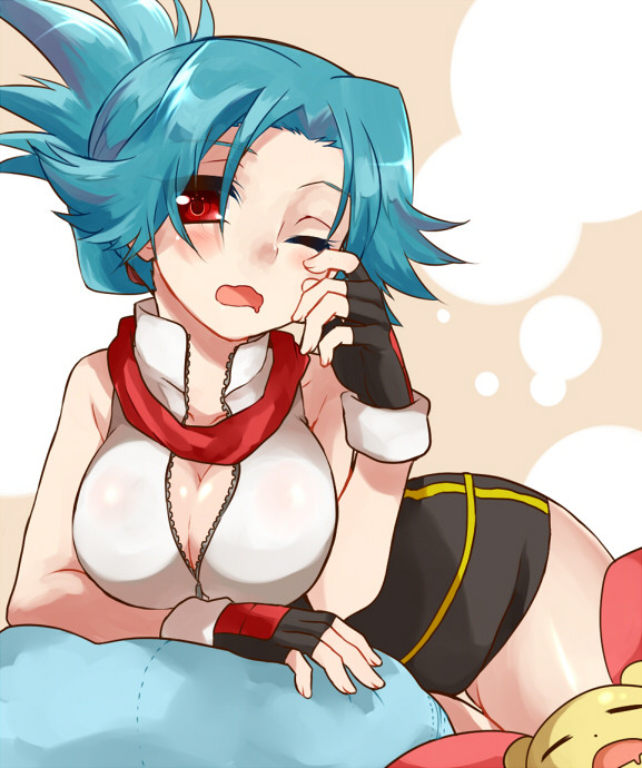 00s, 1girl, bent_over, blue_hair, breasts, cleavage, fingerless_gloves, gen_3_pokemon