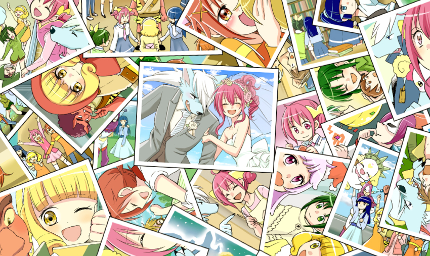 10s, 4boys, 6+girls, afro, akaooni, aoki_reika, blonde_hair, blue_hair, brian_taylor, bridal_veil, bride, candy_(precure), colored_sclera, colored_skin, dress, closed_eyes, formal_clothes, green_hair, hino_akane_(precure), hoshizora_miyuki, joker_(precure), kise_yayoi, long_hair, majorina, midorikawa_nao, multiple_boys, multiple_girls, nico_(smile_precure!), orange_hair, photo_(object), pink_hair, precure, red_skin, school_uniform, short_hair, skirt, smile, smile_precure!, suit, veil, wedding, wedding_dress, werewolf, wolfrun, yami_(m31), yellow_sclera