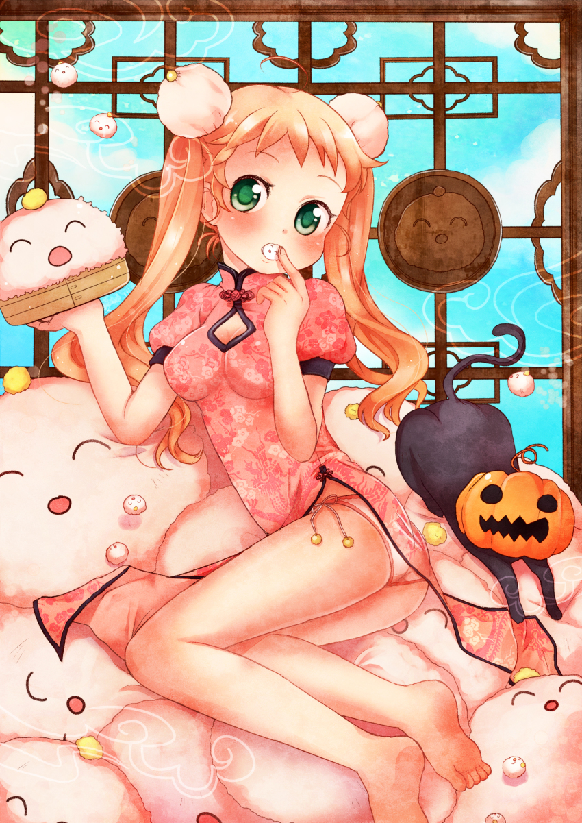 1girl, absurdres, barefoot, blush, breasts, cat, china_dress, chinese_clothes, cleavage, double_bun, dress, feet, female_focus, green_eyes, hair_bun, highres, jack-o'-lantern, orange_hair, original, panties, shinryou_rei, sitting, soles, solo, twintails, underwear, yokozuwari