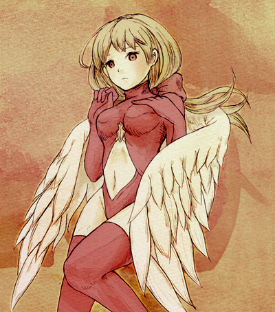 1girl, alma_beoulve, angel_wings, bad_id, bad_pixiv_id, blonde_hair, bodysuit, boots, braid, breasts, cleavage, cosplay, female_focus, final_fantasy, final_fantasy_tactics, gloves, leotard, long_hair, lowres, medium_breasts, ray090611, red_leotard, solo, thigh_boots, thighhighs, ultima_(fft), ultima_(fft)_(cosplay), wings