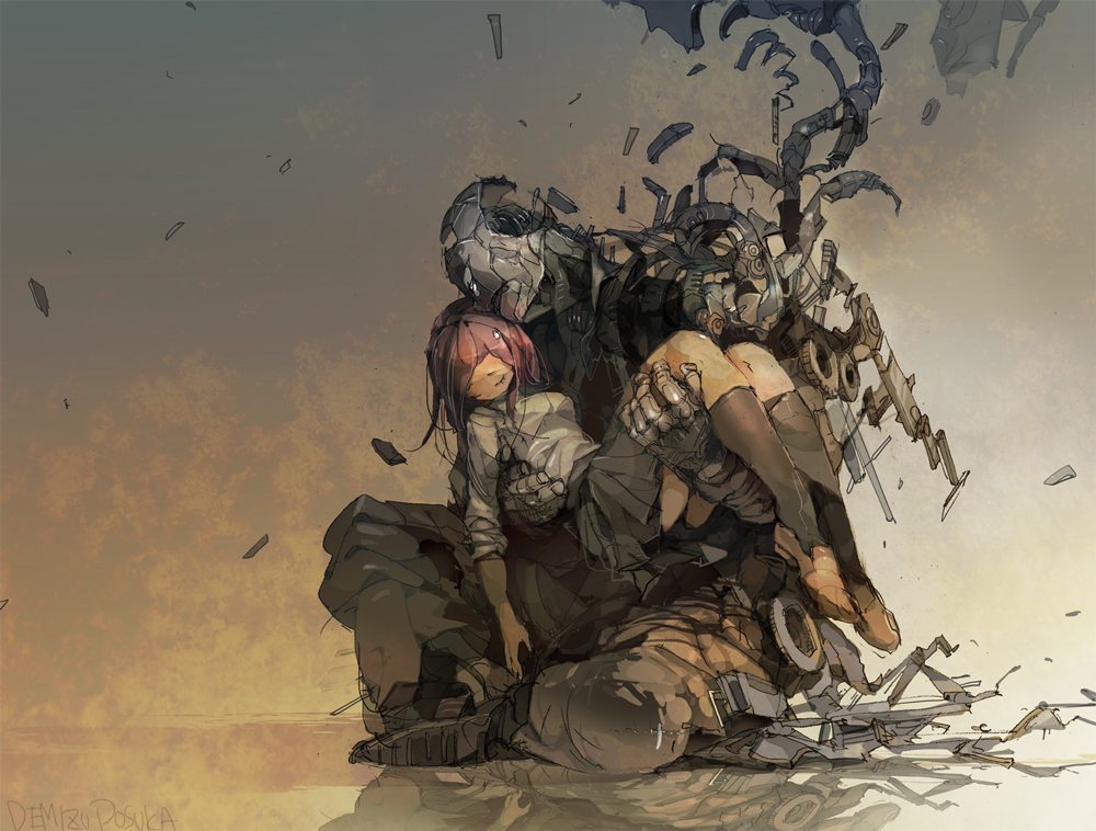 1girl, armor, between_breasts, black_socks, blouse, breasts, carrying, clothes_between_breasts