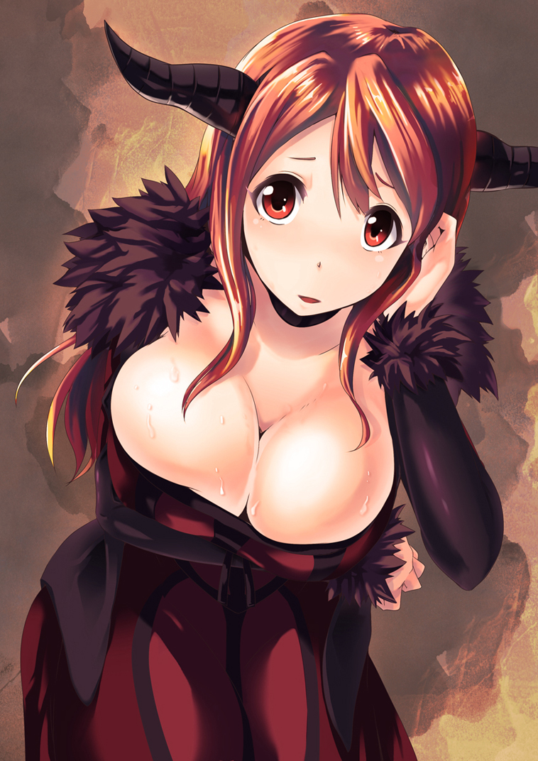 10s, 1girl, blush, breast_hold, breasts, choker, cleavage, dress, female_focus, fur_trim, horns, huge_breasts, leaning_forward, long_hair, looking_at_viewer, maou_(maoyuu), maoyuu_maou_yuusha, muneshiro_(hitsuji_kikaku), orange_hair, red_eyes, rino-y, solo, sweat