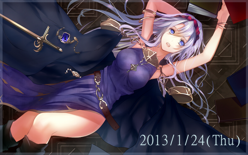 1girl, armpits, arms_up, belt, blue_eyes, book, boots, bracelet