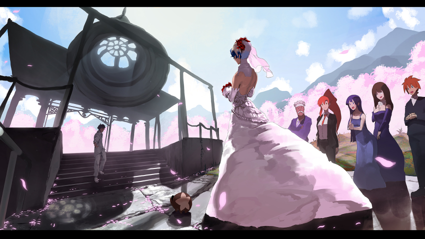 00s, 1g_no_izumi, 3boys, 4girls, boota_(ttgl), bouquet, couple, dress