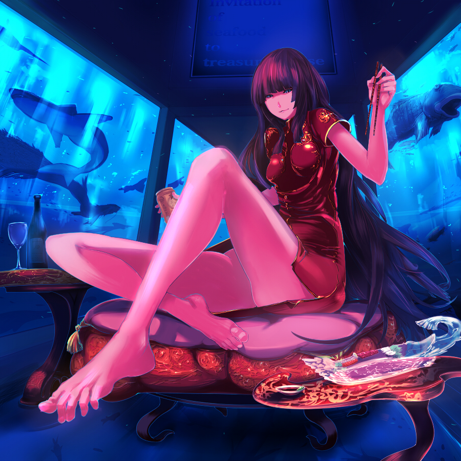 1girl, aguhari, alcohol, aquarium, barefoot, chair, china_dress, chinese_clothes