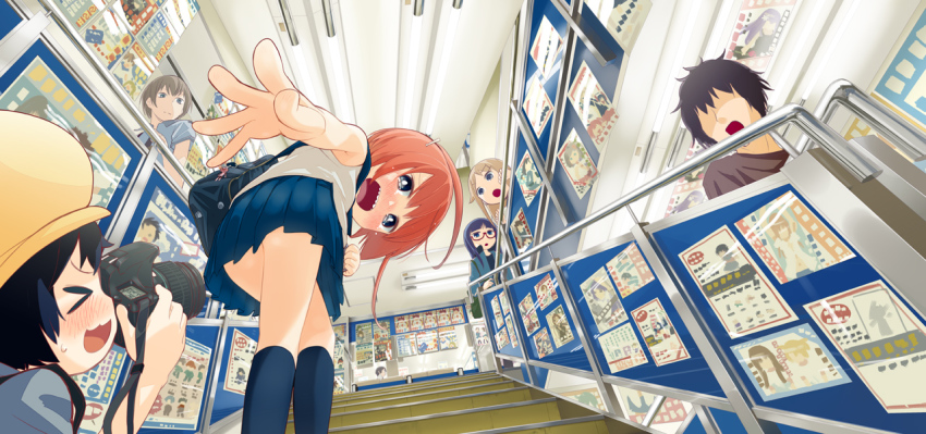 >_<, 2boys, 4girls, :3, black_hair, black_legwear, blonde_hair, blue_eyes