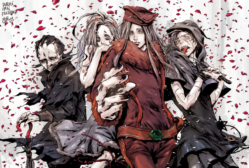 1girl, 3boys, angelica_attanasio, aviquaimots, bad_id, bad_pixiv_id, black_hair, closed_umbrella, dolly_dagger, hood, jojo_no_kimyou_na_bouken, long_hair, massimo_volpe, multiple_boys, nail_polish, planted, planted_umbrella, purple_haze_feedback, stand_(jojo), umbrella, vento_aureo, vittorio_cataldi, vladimir_kocaqi, white_hair