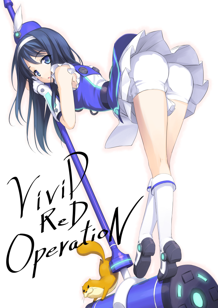 1girl, animal, ass, blue_eyes, blue_hair, boots, copyright_name, futaba_aoi_(vividred_operation), gloves, hairband, hammer, hat, hat_feather, kazami_fukashido, long_hair, looking_back, palette_suit, shorts, shorts_under_skirt, skirt, uso-kun, vividred_operation