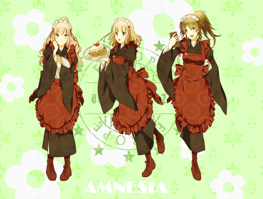 amnesia_(idea_factory), apron, bad_id, bad_pixiv_id, blonde_hair, boots, braid, brown_hair, cake, copyright_name, food, green_eyes, heroine_(amnesia), maid, maid_apron, maid_headdress, mine_(amnesia), open_mouth, sawa_(amnesia), smile, yz