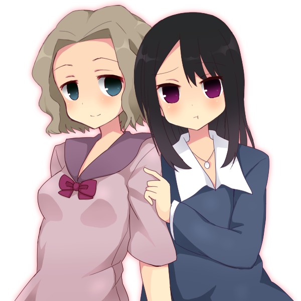 2girls, blush, kuromu_(cr0711), long_hair, multiple_girls, murayoshi_misaki, noyori_risa, ribbon, saki_(manga), short_hair, smile