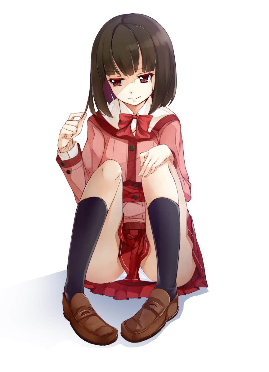 10s, 1girl, bad_id, bad_pixiv_id, black_hair, black_socks, bow, bowtie, female_focus, highres, kawasaki_kana, kneehighs, loafers, panties, red_bow, red_bowtie, red_eyes, sasami-san@ganbaranai, school_uniform, shoes, short_hair, simple_background, sitting, socks, solo, underwear, white_background, yagami_kagami